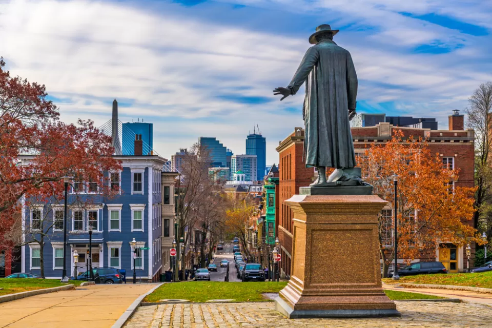 View of Boston from Bunker Hill with statue in foreground